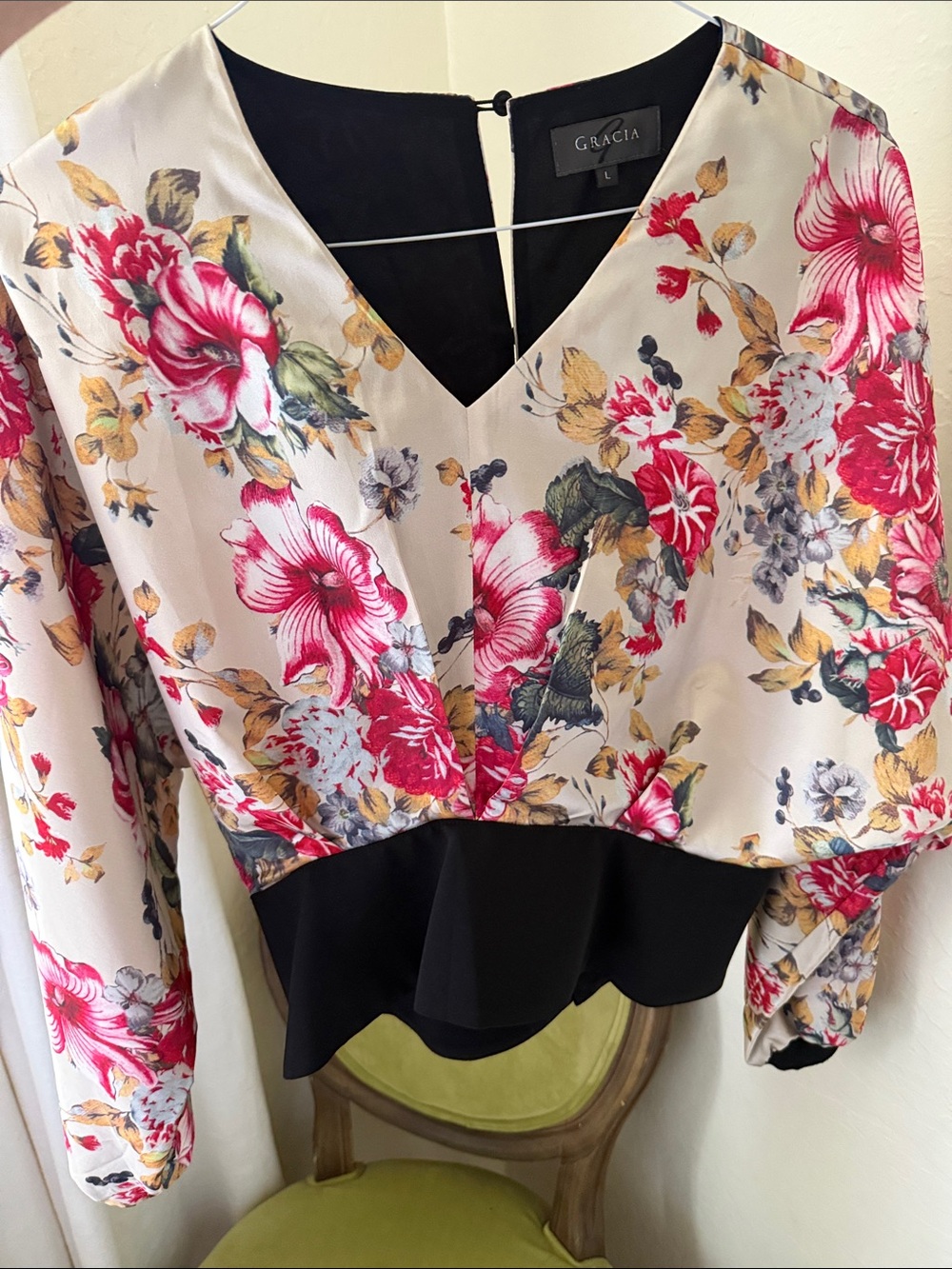 Gracia V-Neck Blouse, Floral, Balloon Sleeve, Sz Large